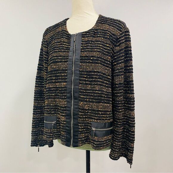 MING WANG Sapphire XL Black Gold Tweed Sparkle Zip Evening Cocktail Party Blazer - Picture 4 of 16